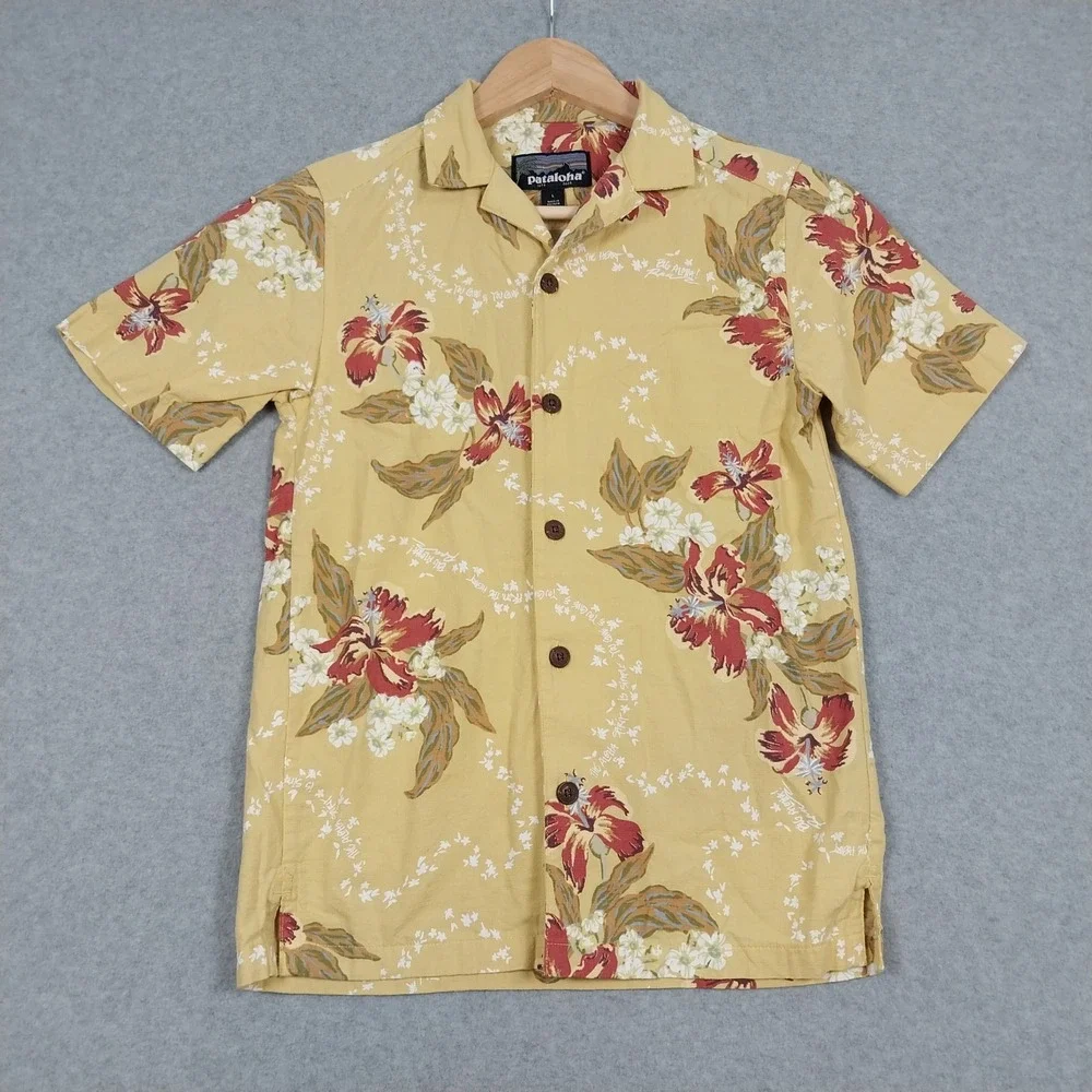 Patagonia Shirt Boys Large Yellow Pataloha Floral Hibiscus Tropical 62495 Short